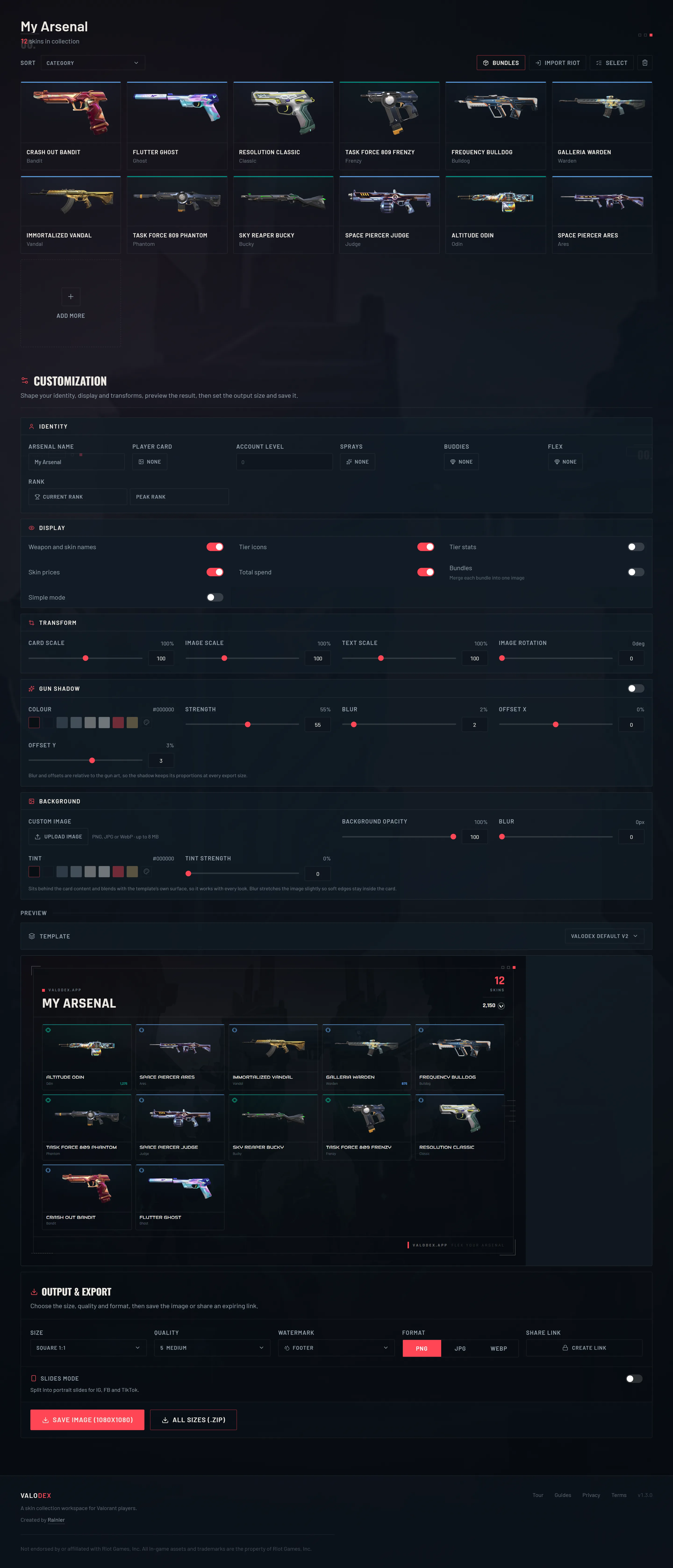 VALODEX workspace showing imported skins in a grid next to a rendered arsenal card