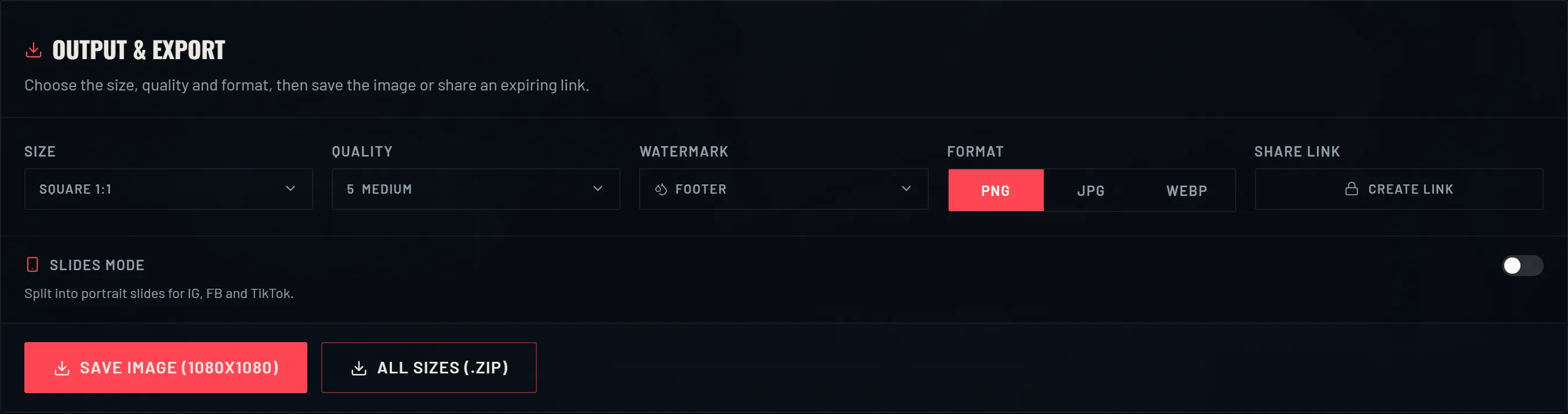 VALODEX output panel showing the size preset, format and share link controls