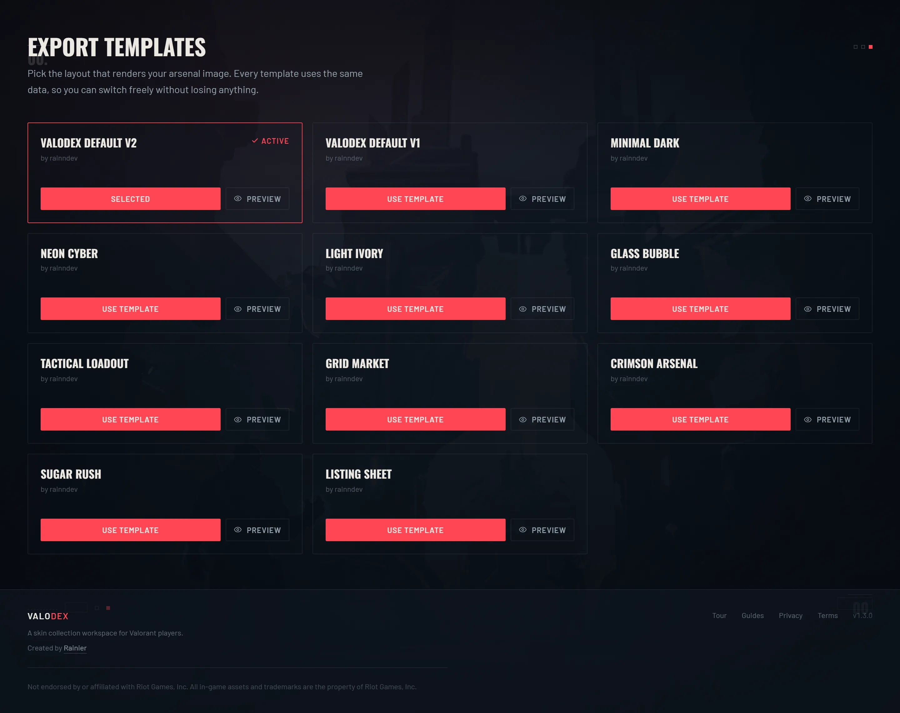 The VALODEX templates gallery showing a grid of eleven template cards